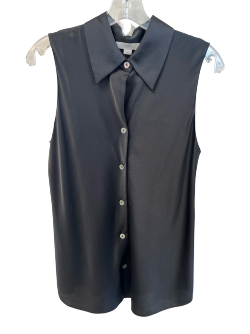 Vince Size S Black Silk Satin Collared Button Up Sleeveless Top Black / S