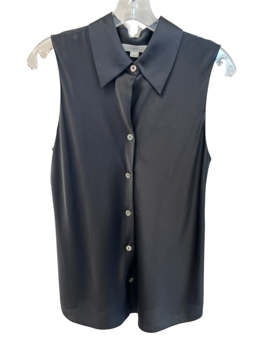 Vince Size S Black Silk Satin Collared Button Up Sleeveless Top Black / S