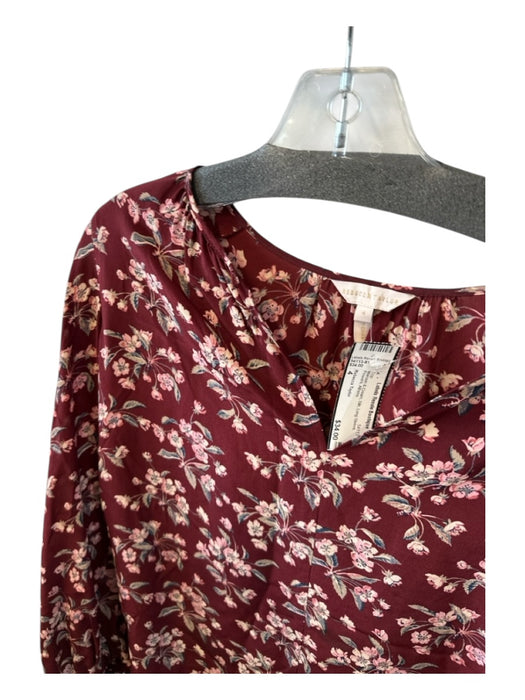 Rebecca Taylor Size 4 Maroon & Cream Silk Long Sleeve Flowers Top Maroon & Cream / 4