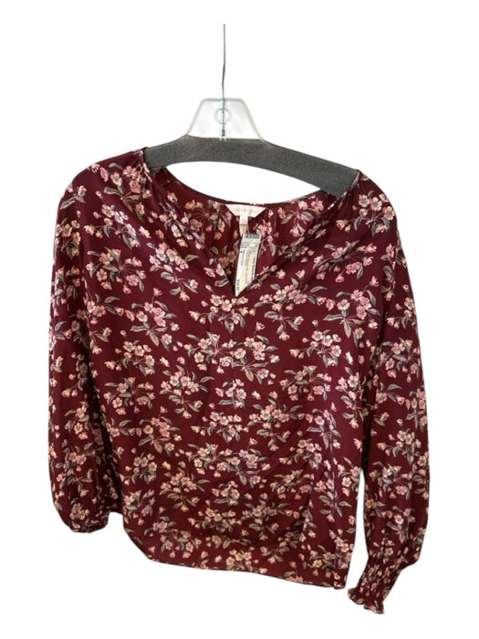 Rebecca Taylor Size 4 Maroon & Cream Silk Long Sleeve Flowers Top Maroon & Cream / 4