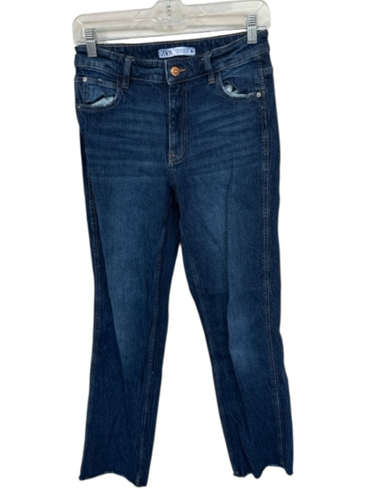 Zara Size 4 Dark Wash Cotton Blend High Rise Straight Leg Raw Hem Jeans Dark Wash / 4