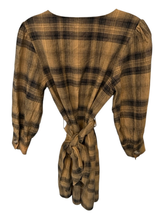Free People Size 4 Tan & black Cotton Long Balloon Sleeve Plaid Front Tie Dress Tan & black / 4
