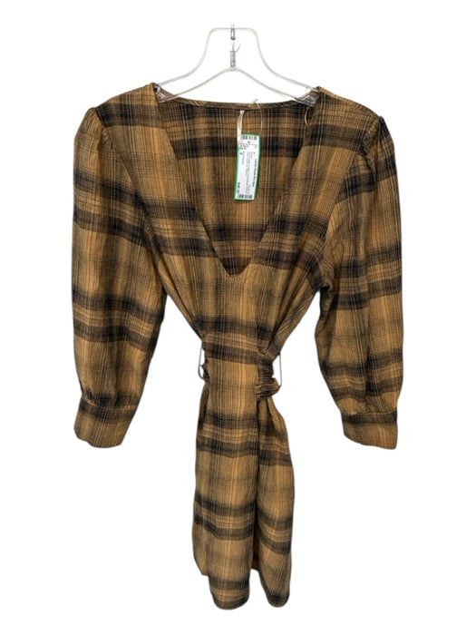 Free People Size 4 Tan & black Cotton Long Balloon Sleeve Plaid Front Tie Dress Tan & black / 4