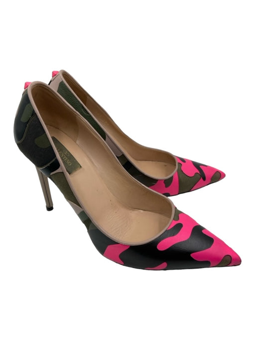 Valentino Shoe Size 41 Black, Green, Pink Leather & Canvas Camoflage Pumps Black, Green, Pink / 41