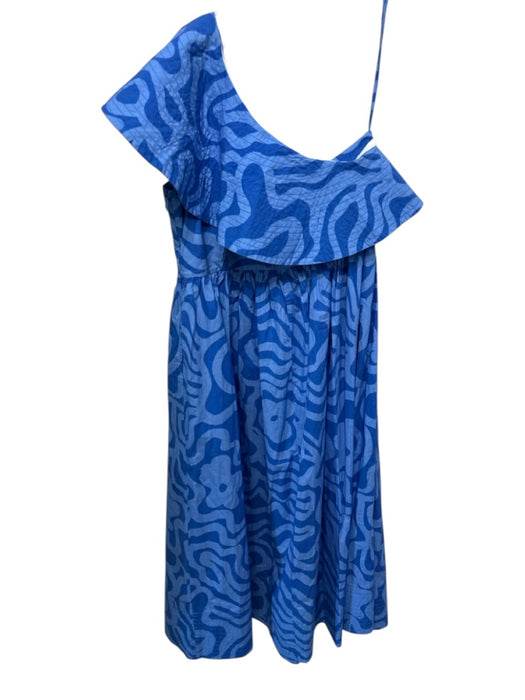 Oliphant Size M Blue Cotton Ruffle Abstract One Shoulder Midi Dress Blue / M