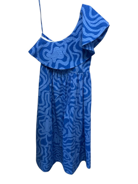 Oliphant Size M Blue Cotton Ruffle Abstract One Shoulder Midi Dress Blue / M