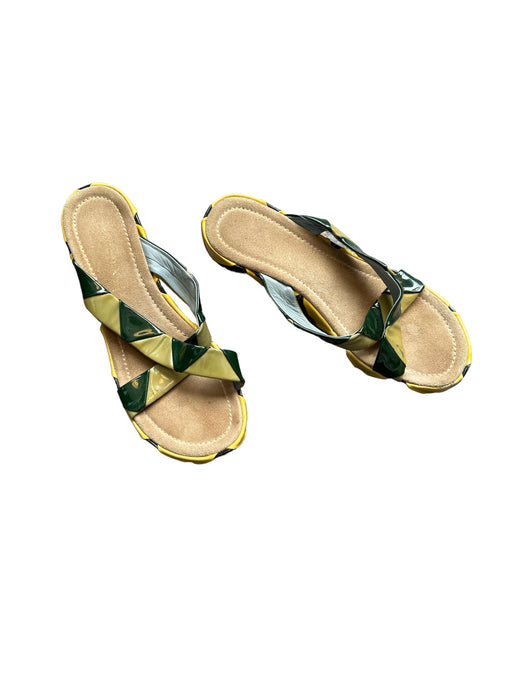 Prada Shoe Size 37 Green & Yellow Leather Kitten Heel Crossover Sandals Green & Yellow / 37