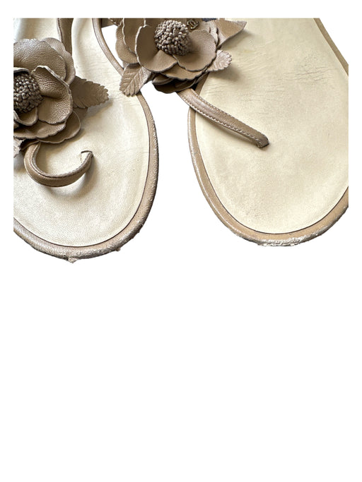 Chanel Shoe Size 37.5 Tan Leather Thong Flower Sandals Tan / 37.5