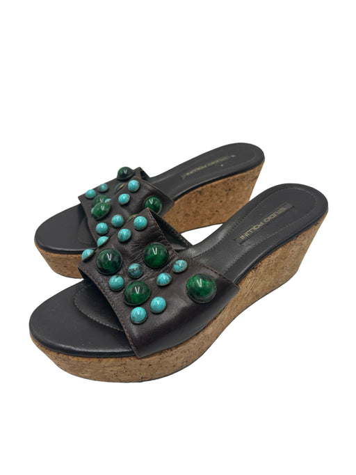 Studio Pollini Shoe Size 38.5 Brown, Blue, Green Leather & Cork Studded Wedges Brown, Blue, Green / 38.5