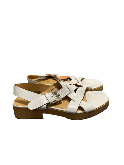 Prada Shoe Size 38 white & tan Leather Wood platform Strappy Square Toe Sandals white & tan / 38