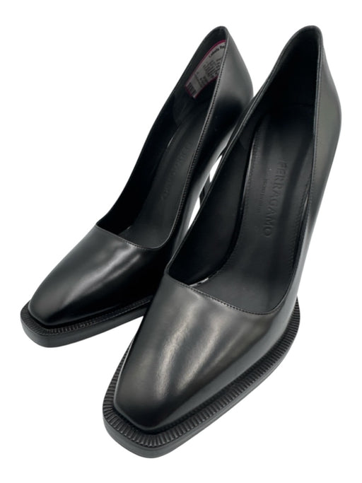 Ferragamo Shoe Size 9.5 Black Leather Upper Glossy Chisel Toe Slanted Heel Pumps Black / 9.5