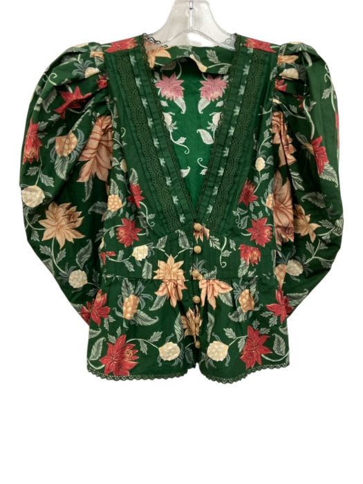Farm Rio Size S Green & Pink Cotton Floral 3/4 Sleeve Puff Shoulder Top Green & Pink / S