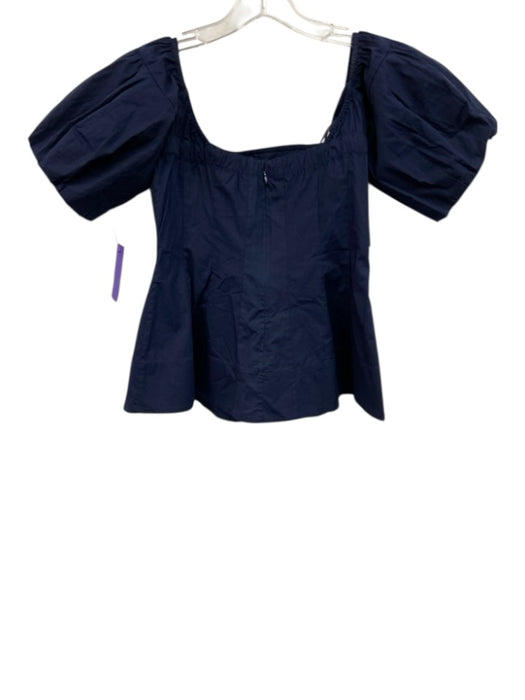 Staud Size S Navy Blue Cotton Blend Short Puff Sleeve Wide Neck Back Zip Top Navy Blue / S