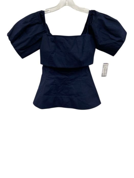 Staud Size S Navy Blue Cotton Blend Short Puff Sleeve Wide Neck Back Zip Top Navy Blue / S