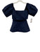 Staud Size S Navy Blue Cotton Blend Short Puff Sleeve Wide Neck Back Zip Top Navy Blue / S
