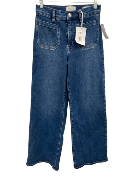 Frame Size 27 Medium dark wash Cotton Blend Denim Whiskering Patch Pocket Jeans Medium dark wash / 27