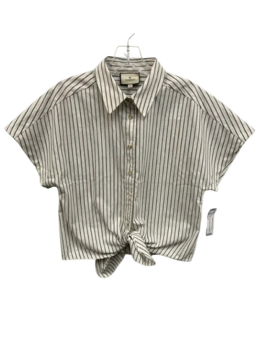 Tuckernuck Size XS Cream White & Navy Blue Linen Striped Short Sleeve Top Cream White & Navy Blue / XS