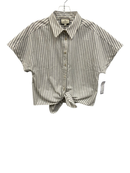 Tuckernuck Size XS Cream White & Navy Blue Linen Striped Short Sleeve Top Cream White & Navy Blue / XS