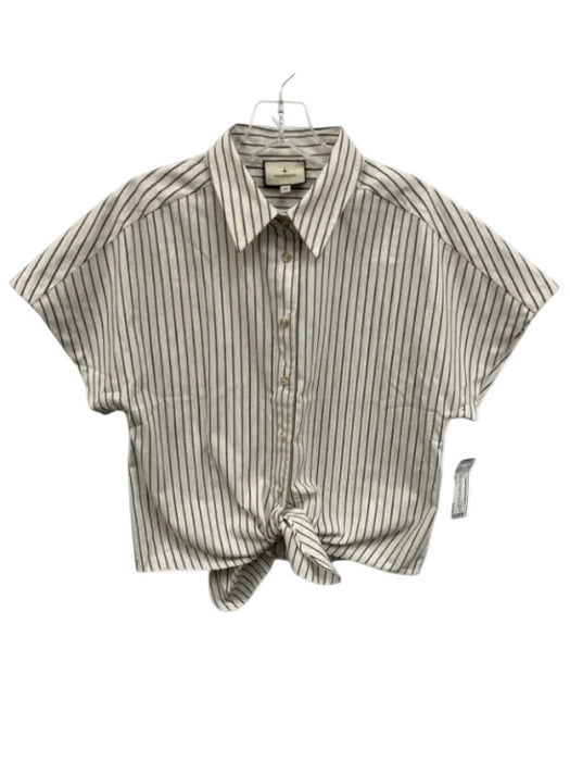 Tuckernuck Size XS Cream White & Navy Blue Linen Striped Short Sleeve Top Cream White & Navy Blue / XS