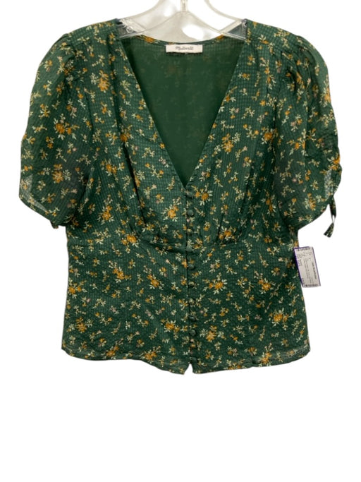 Madewell Size Est S Green & Yellow Silk Floral Short Sleeve V Neck Top Green & Yellow / Est S