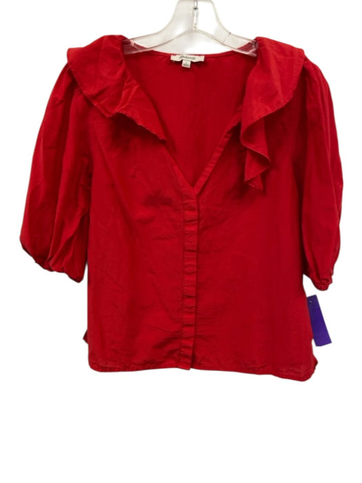 Madewell Size S Red Cotton & Silk 1/2 Balloon Sleeve Ruffle Collar Button Up Top Red / S