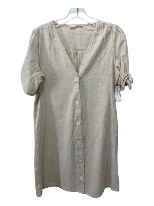 MNG by Mango Size 2 Beige Cotton V Neck Button Front Short Sleeve Shift Dress Beige / 2