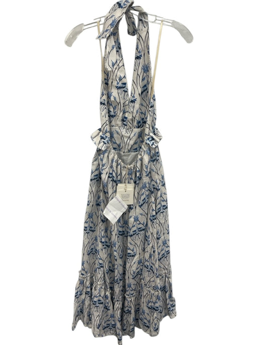 Agua by Agua Bendita Size XS White & Blue Linen Botanical Tie Neck Halter Dress White & Blue / XS