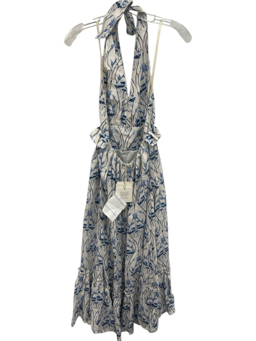 Agua by Agua Bendita Size XS White & Blue Linen Botanical Tie Neck Halter Dress White & Blue / XS