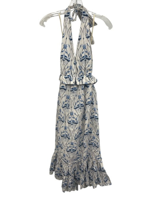 Agua by Agua Bendita Size XS White & Blue Linen Botanical Tie Neck Halter Dress White & Blue / XS