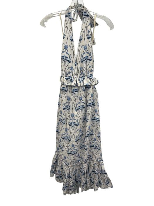 Agua by Agua Bendita Size XS White & Blue Linen Botanical Tie Neck Halter Dress White & Blue / XS