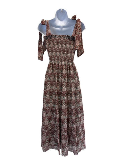 Hill House Size XS Green & Brown Viscose Sleeveless Tie Shoulder Tiered Dress Green & Brown / XS