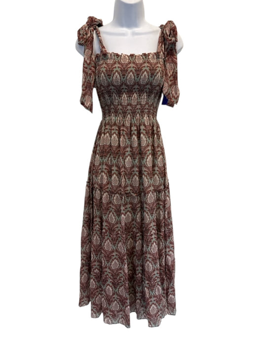 Hill House Size XS Green & Brown Viscose Sleeveless Tie Shoulder Tiered Dress Green & Brown / XS