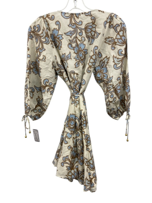Kivari Size 4 Cream White, Blue & Brown Linen & Cotton Botanical V Neck Dress Cream White, Blue & Brown / 4