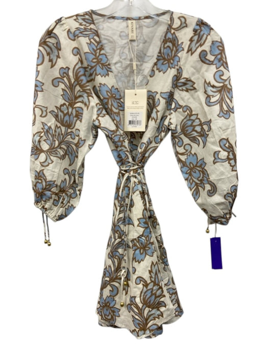 Kivari Size 4 Cream White, Blue & Brown Linen & Cotton Botanical V Neck Dress Cream White, Blue & Brown / 4