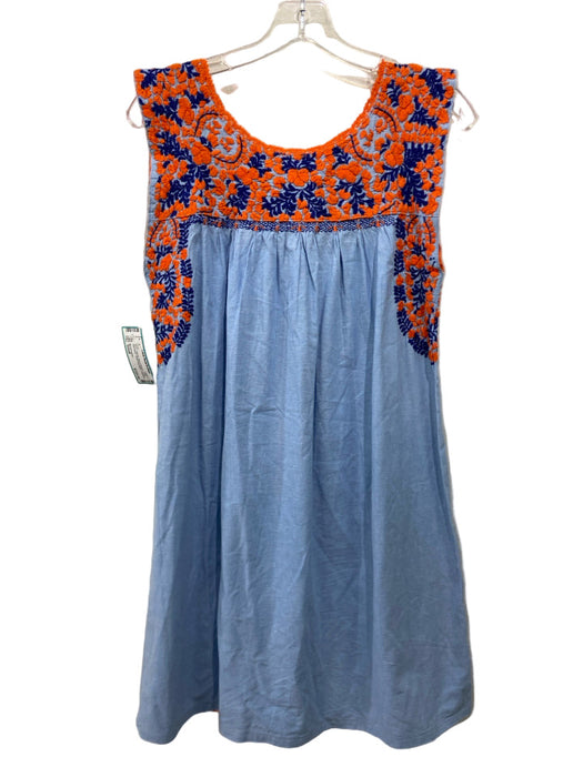 Mi Golondrina Size Small Blue & Orange Cotton Sleeveless Floral Embroidery Dress