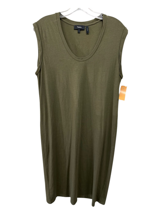 Theory Size L Olive Green Cotton Blend Folded Cap Sleeve Crew Neck Maxi Dress Olive Green / L