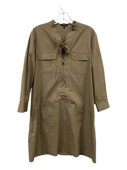 Theory Size 10 Olive Green Cotton Lace Up Long Sleeve Flap Pockets Dress Olive Green / 10