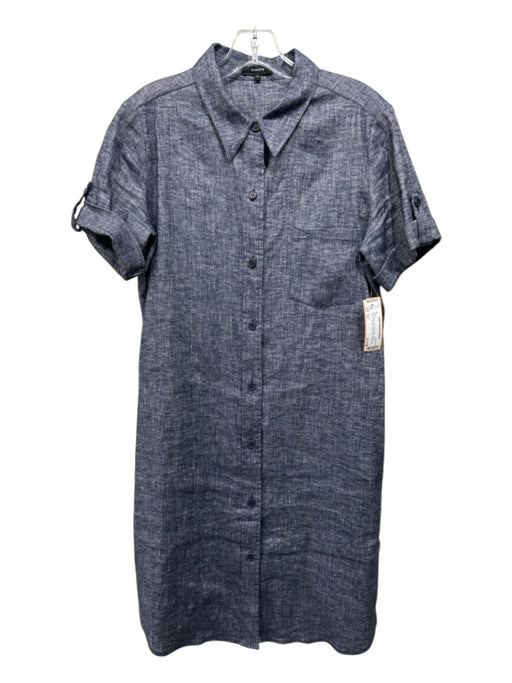 Theory Size 12 Blue Wash Linen & Viscose Short Sleeve Buttons Collar Midi Dress Blue Wash / 12