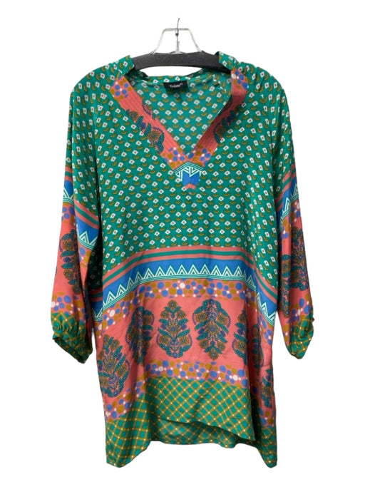 Tolani Size Small Green, Pink & Blue Print Silk V Neck Long Sleeve Tunic Top Green, Pink & Blue Print / Small