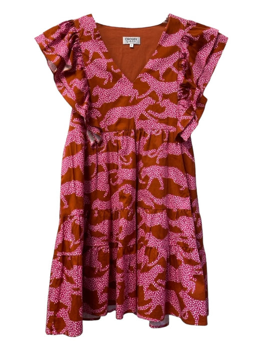 Crosby Size Small Rust & Pink Cotton Blend V Neck Sleeveless Ruffle Accent Dress Rust & Pink / Small