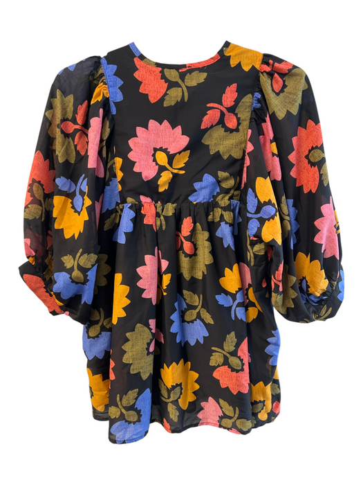J. Marie Size XS Black Multi Cotton Floral Front Tie Half Puff Sleeves Top Black Multi / XS