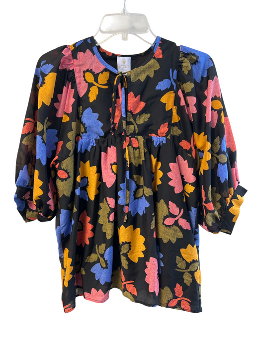 J. Marie Size XS Black Multi Cotton Floral Front Tie Half Puff Sleeves Top Black Multi / XS