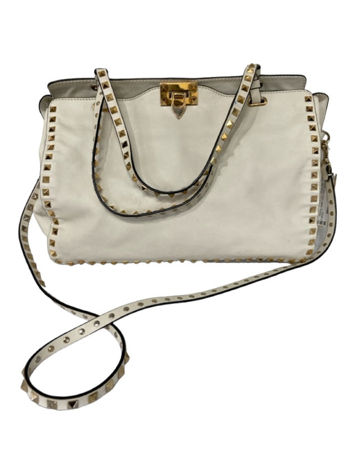 Valentino White & Gold Leather Shoulder Bag Studded Gold Hardware Bag White & Gold / M