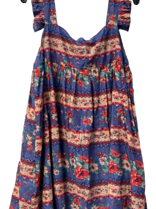 Karlie Size L Blue & Multi Cotton Square Neck Ruffle Sleeve Detail Floral Dress Blue & Multi / L