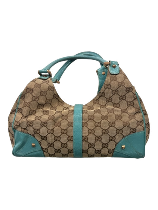 Gucci Blue & Beige Canvas & Leather Guccisima Double Top Handle Clasp Detail Bag Blue & Beige / S