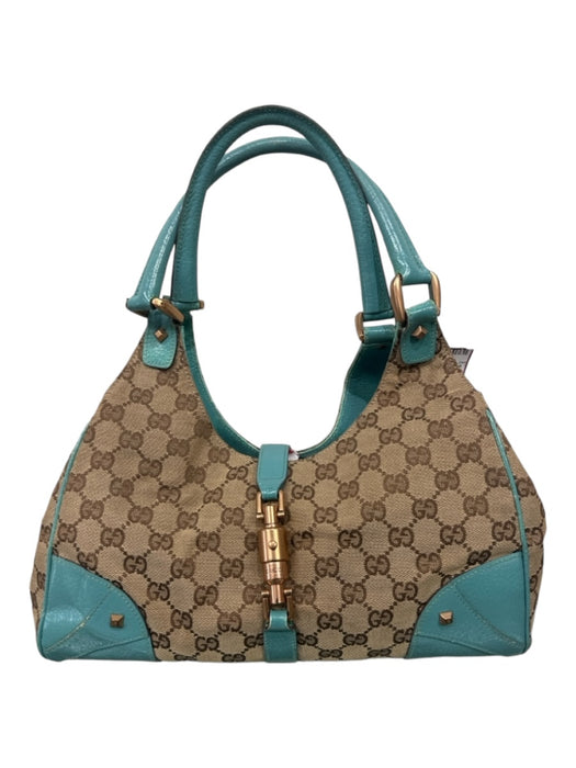 Gucci Blue & Beige Canvas & Leather Guccisima Double Top Handle Clasp Detail Bag Blue & Beige / S