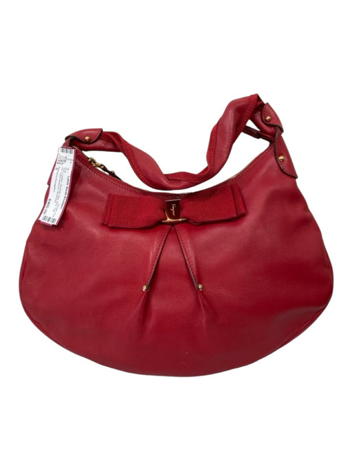 Salvatore Ferragamo Red Leather Shoulder Bag Bow Top Zip Gold Hardware Bag Red / S