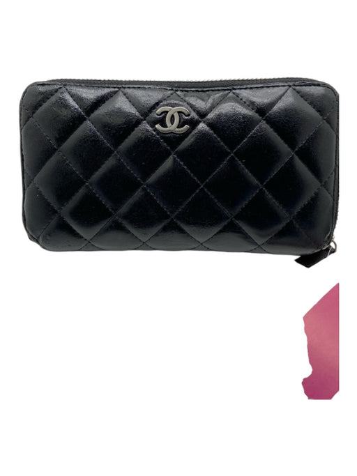 Chanel Black Leather Silver Hardware Quilted Continental Logo Wallets Black