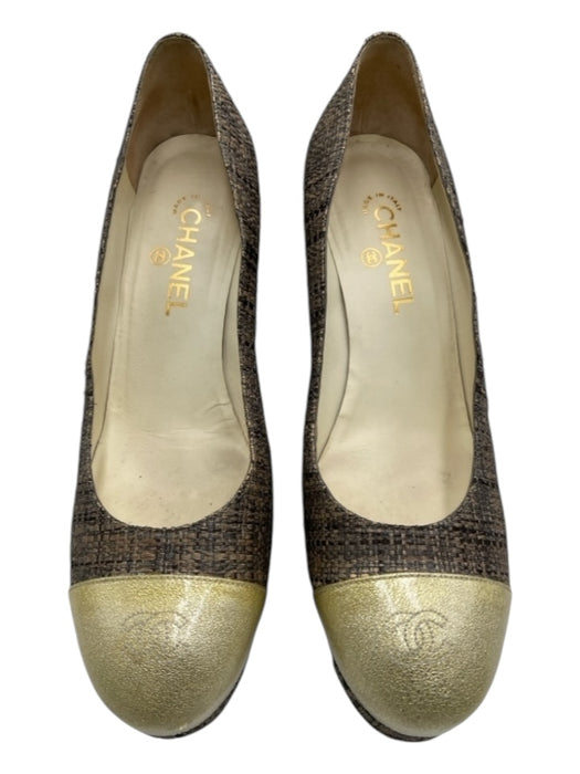 Chanel Shoe Size 41 Gray & Beige Jute & Patent round toe Woven Platform Pumps Gray & Beige / 41