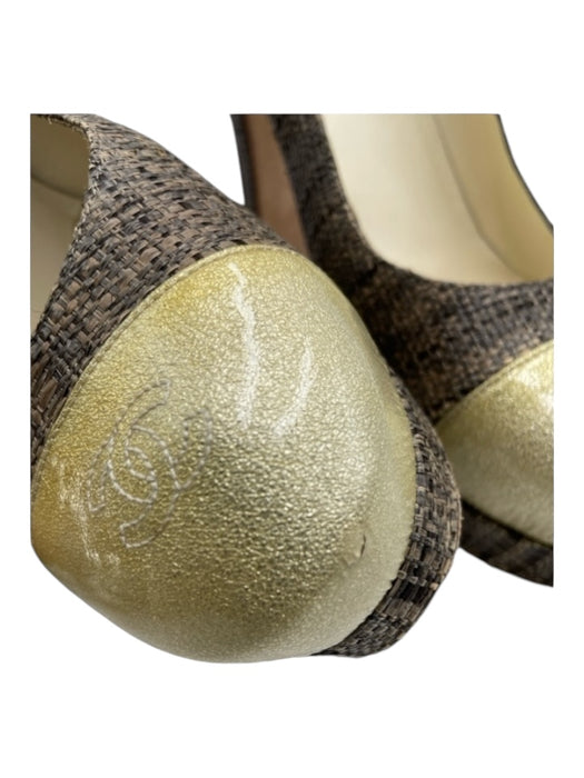 Chanel Shoe Size 41 Gray & Beige Jute & Patent round toe Woven Platform Pumps Gray & Beige / 41